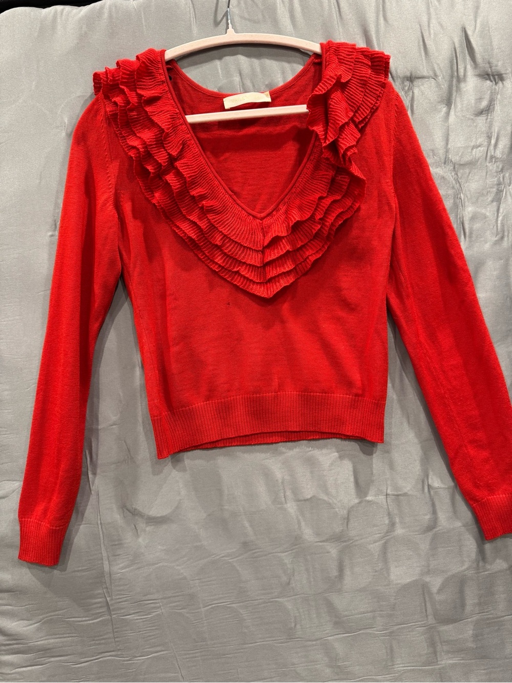 Valentino Red Ruffled V-Neck Sweater